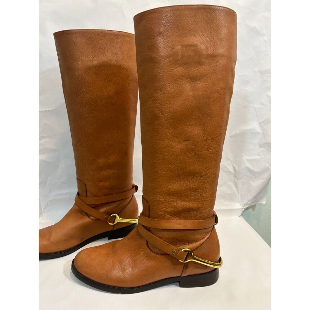 Ralph Lauren Jenny Tall Equestrian Gold Stirrup Cognac Leather Boots Size 6B - Picture 14 of 14